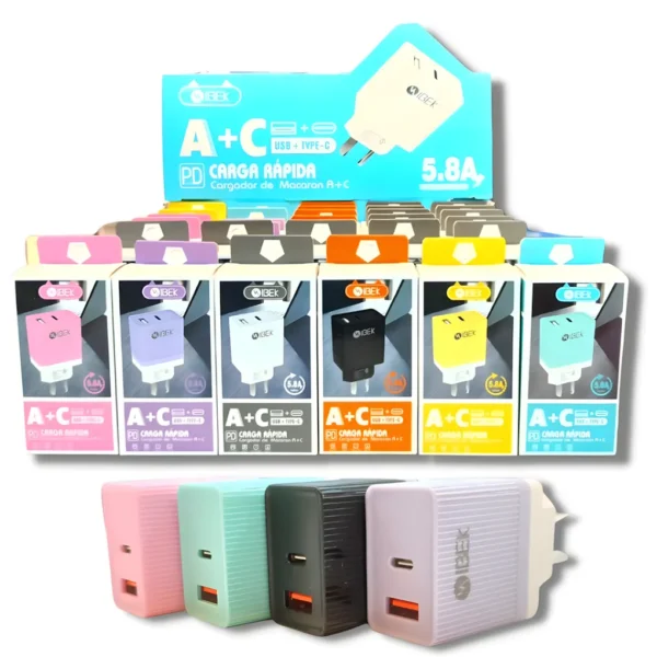 Cargador Cabezal Doble USB-A + USB-C PD CARGA RAPIDA 5.8A IBEK